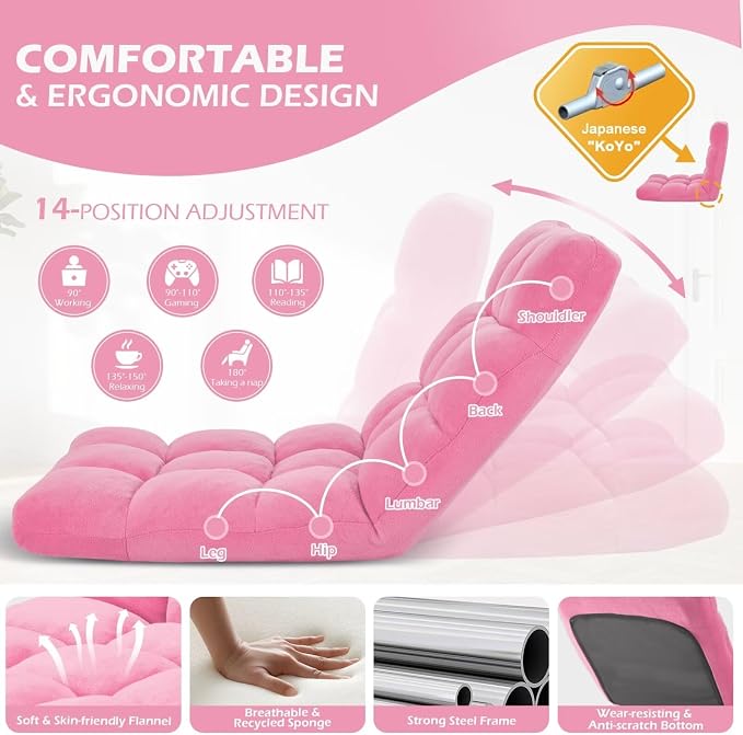 Folding Floor Gaming Chair 14-Poistion Cushioned Adjustable Floor Lazy Sofa Chair w/Breathable Cotton & Skin-Friendly Coral Velve for Adults & Kids Perfect for Reading Gaming Meditating, Pink