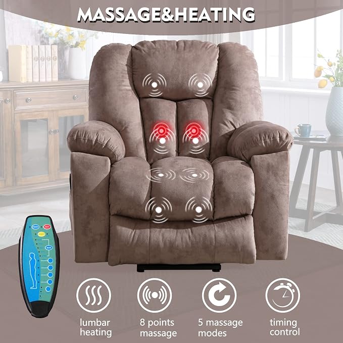 Power Lift Recliner Chair with Massage and Heat for Elderly, Overstuffed Wide Recliners, Heavy Duty and Safety Motion Reclining Mechanism with USB Ports, 2 Concealed Cup Holders, Apricot