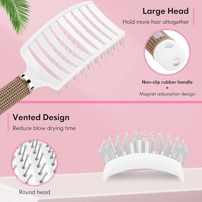 Bsisme Hair Brush, Curved Vented Brush for Faster Blow Drying, Professional Styling Hair Brushes for Women and Men, Paddle Detangling Brush for Wet Dry Curly Thick Straight Hair, Pink | Professional Styling Hair Brushes for Women, Men & Kids, Paddle De...