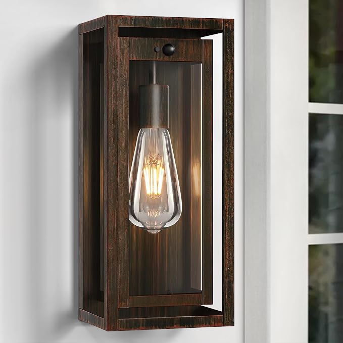 15" Motion Sensor Outdoor Wall Lights, Outdoor Sconces, 2 Pack | Dusk to Dawn, Large Size, Anti-Rust, Waterproof, Easy Installation, Distressed Brown Exterior Lighting Fixtures for Porch