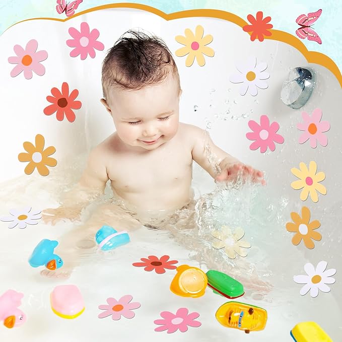 24 Pcs Flower Non Slip Bathtub Sticker Daisy Skidproof Shower Sticker Anti Slip Shower Decals Bathe Treads Adhesive Appliques Scraper Bright Flower Adhesive Decal for Bathroom Decor