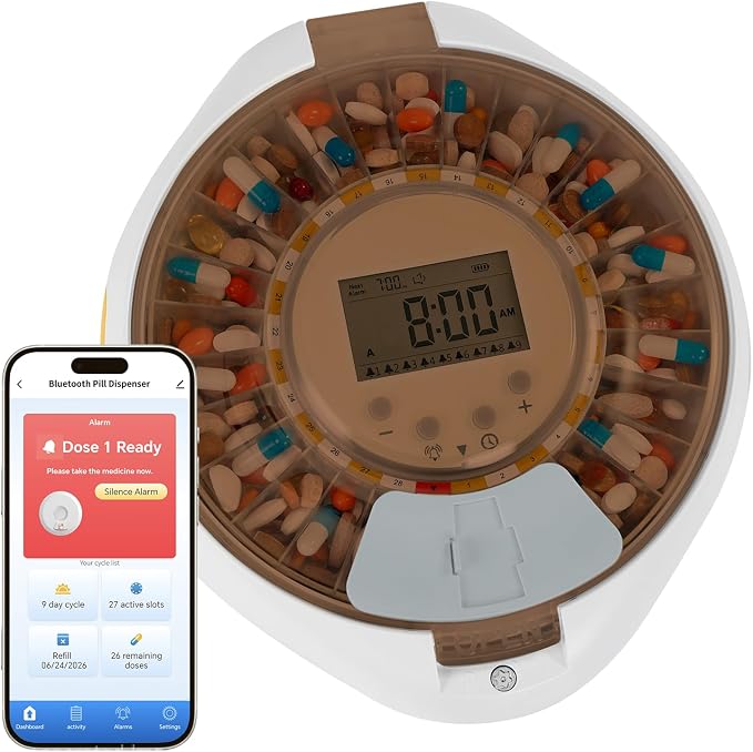 Bluetooth Automatic Pill Organizer with APP Control for Elderly | APP/Sound/Light Reminders, Tracks Adherence History, Up to 9 Daily Doses, Clear LCD Display, Top Lock & Ergonomic Curved Lid