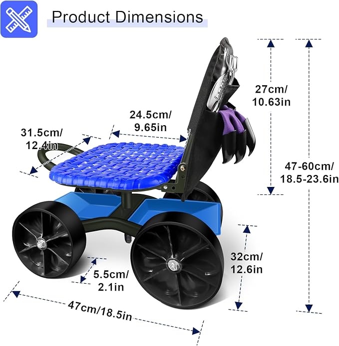 i COVER Garden Cart Rolling Stool Four Wheels with Tool Bag and Two Patio Gloves, Stable Workseat Sturdy Carts Adjustable Seat Height and Direction, Gardening Helper