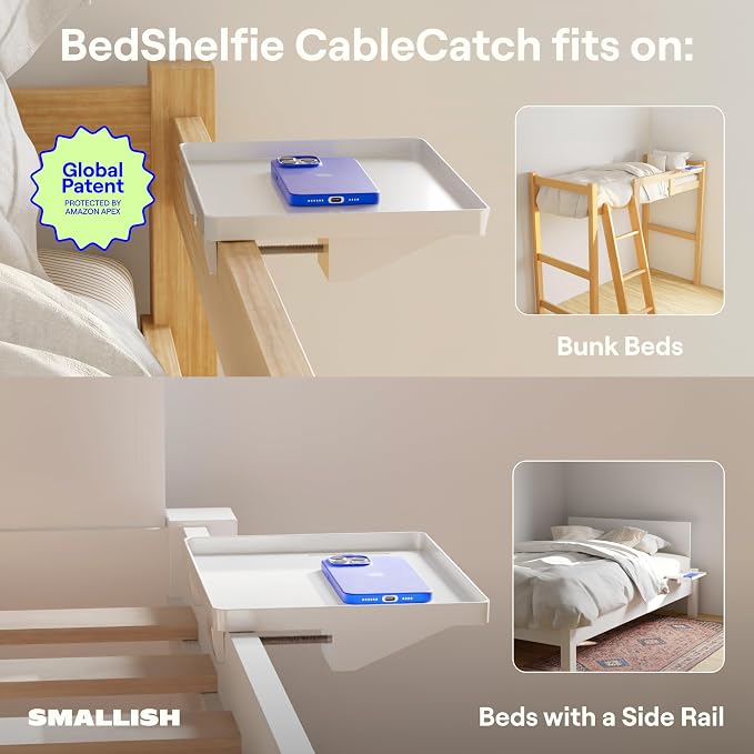 BedShelfie Bedside Shelf for Dorm Room - Cable Catch, White | Bunk Bed & Top Bunk, College Dorm Room Essentials, Bedside Caddy, Clip on Floating Desk Tray, Bed Side Table, Loft Nightstand
