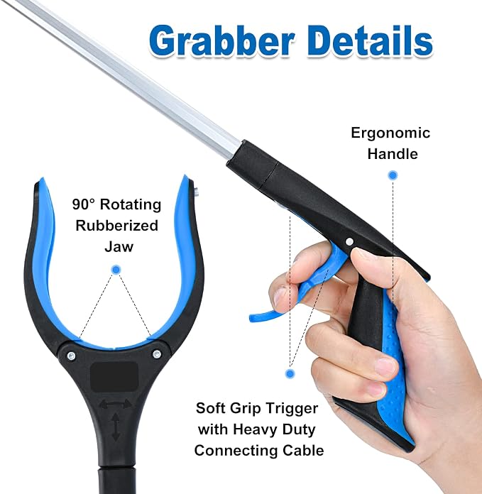 2-Pack Grabber Reacher Tool,32 Inch Foldable Reacher Grabber Pickup Tool with Strong Grip Magnetic,360°Rotating Anti-Slip Jaw,Trash Claw Grabber Tool,Grabbers for Seniors for Outdoor & Indoor (Blue)