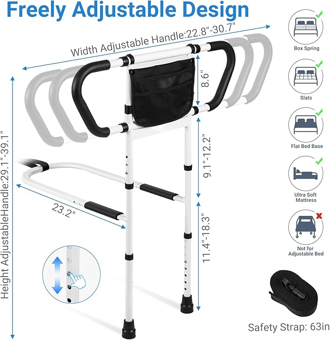 Klvied Bed Rails for Elderly Adults Safety, Bed Side Rails with Non-Slip Handles, Adjustable Bed Cane with Motion Light and Storage Bag, 400LB Gravity Capacity
