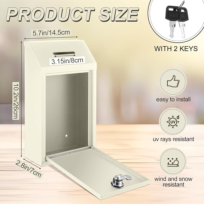 Yaocom Metal Money Box,Beige,10.24 x 5.71 x 2.95 Inch,No Lid | Wall Mounted Drop Donation Cash Box for Farm Stand Collection Safe Suggestion Box with Lock Container for Home Office Outdoor