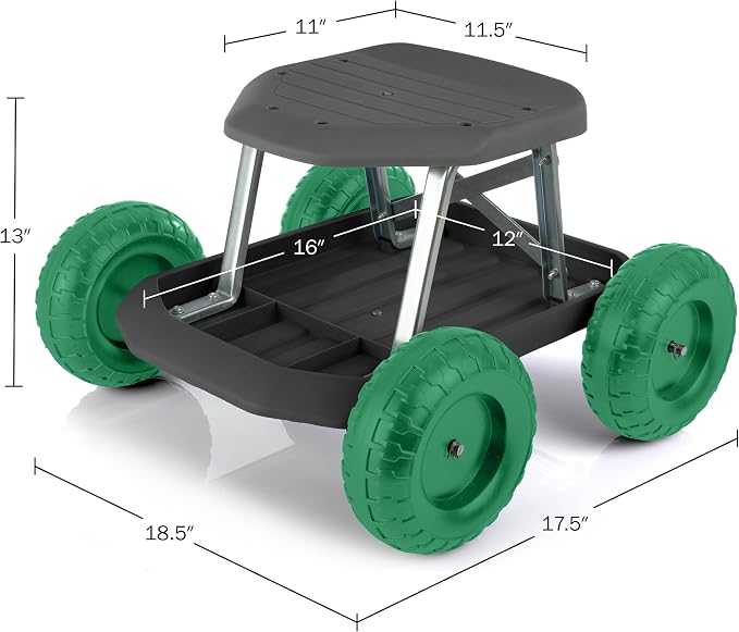 Gardening Stool - Rolling Garden Seat with Wheels and Storage Tool Tray - Garden Cart Scooter - Yard Tools by Pure Garden (Black and Green)