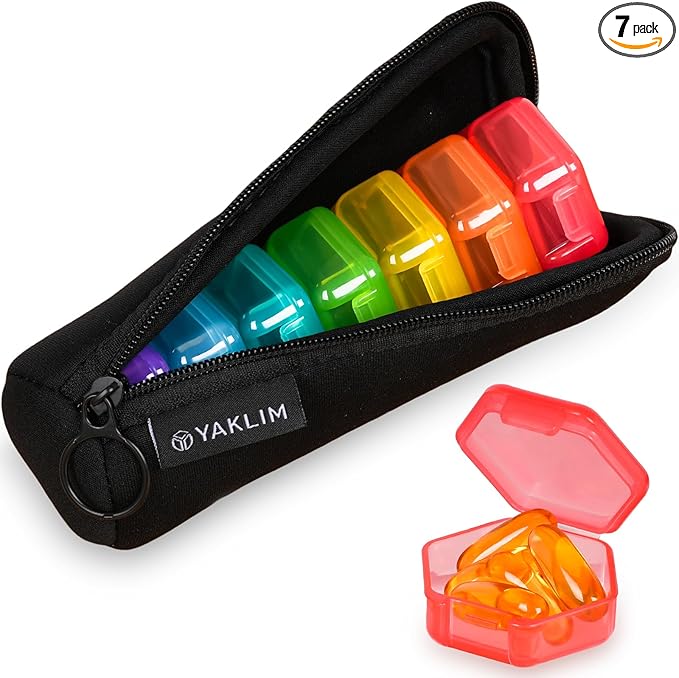 Yaklim Small Pill Case, 7 Pack Mini Pill Box with Bag, BPA Free | Portable Travel Pill Box, Pocket Purse Briefcase Use, 7 Individual Pill Containers for Vitamin Fish Oils and Supplements