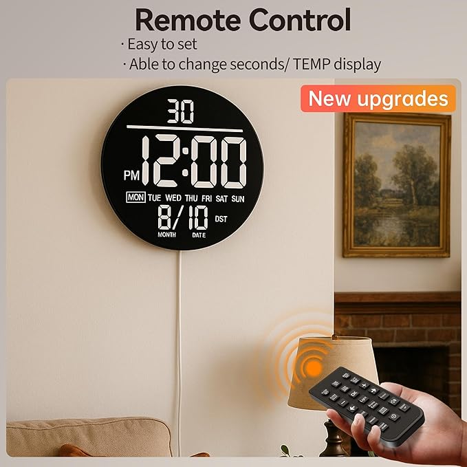 JALL 10" Large Digital Wall Clock with Seconds, Alarm Countdown Timer, Big LED Display, RGB Color, DST, Temperature, Mounted for Bedroom Living Room Office Classroom Gym, Xmas Birthday Gift, White