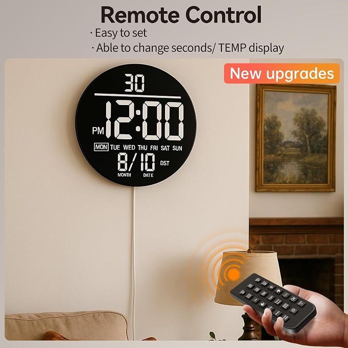 JALL 10" Large Digital Wall Clock with Remote, RGB Color, Big LED Display, Alarm Countdown Timer, DST, Temperature, Decor for Bedroom Living Room Gym Gaming Room, Easy to Read Clock for Seniors