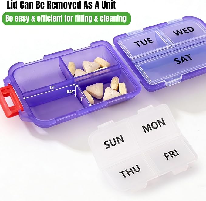 7 Day Compact Pill Organizer, Foldable Portable Travel Pill Box with Double Protection, Daily Small Pill Case Dispenser for Medication, Vitamins, Supplements (Clear Purple)