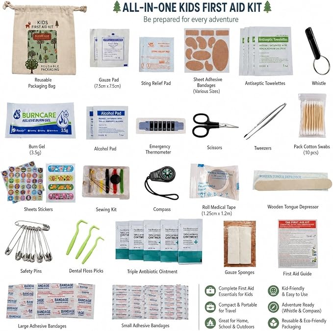 Travel First Aid Kit for Kids and Adults – 142 Pc. Includes Reusable Bag, Whistle and Compass. for Car, Home, Purse - Mini First Aid Kit Travel Size TSA-Approved.