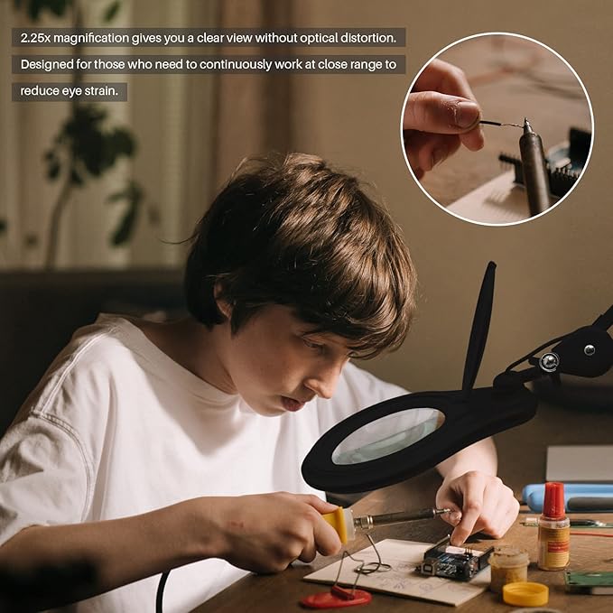 LED Magnifying Lamp with Clamp, 5 Inch Magnifier Glass Lens, Metal Swing Arm Dimming 1200 Lumens Lighted Magnifying Desk Lamp for Crafts, Bright 60PCS LEDs - 2.25X Magnification(Black)