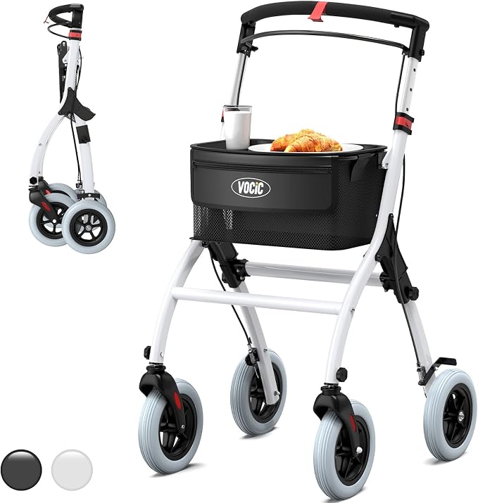 VOCIC Z32 Narrow Walkers for Small Spaces, 8" Quiet Anti-Slip Tires, Tray | Foldable & Lightweight Indoor Rollator Navigates Small Spaces, Easily Passes Tight Doors, Tray & Pouch for Home, WT