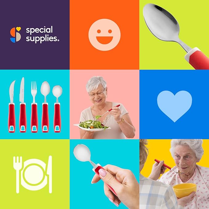 Special Supplies Adaptive Utensils 5-Piece Set Non-Weighted, Non-Slip Handles for Hand Tremors, Arthritis, Parkinson’s or Elderly Use - Stainless Steel Knife, Rocker Knife, Fork, Spoons - Red