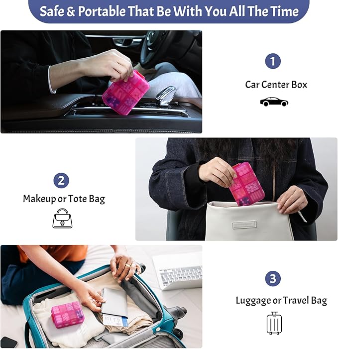 Foldable Weekly Pill Organizer 2 Times a Day with 2 Extra Compartments (Clear Printed Labels) - 7 Day AM PM Medicine Box, Week Daily Travel Pill Case Holder for Vitamin, Supplement - Clear Pink
