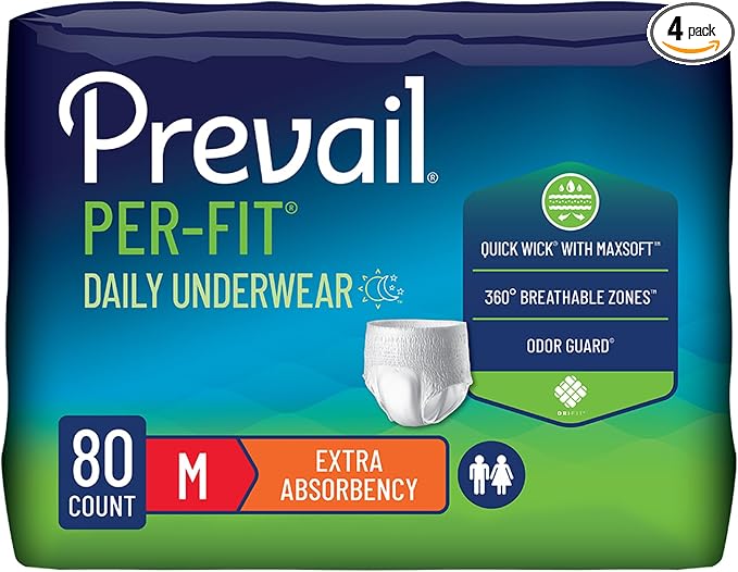 Prevail Per-Fit Daily Protective Underwear, Unisex Adult Disposable Adult Diaper for Men & Women, Extra Absorbency, Medium, 80 Count (4 Packs of 20)