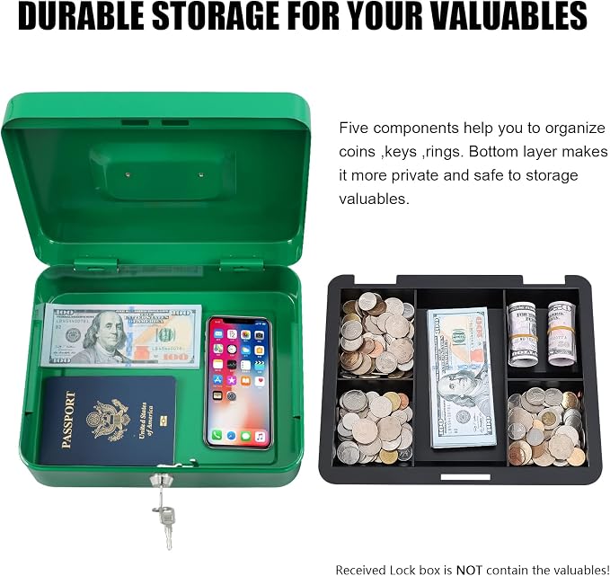 KYODOLED Large Lock Box with Money Tray,Storage Cash Box with Lock,Safe Metal Box for Money,9.84"x 7.87"x 3.54" Green Large