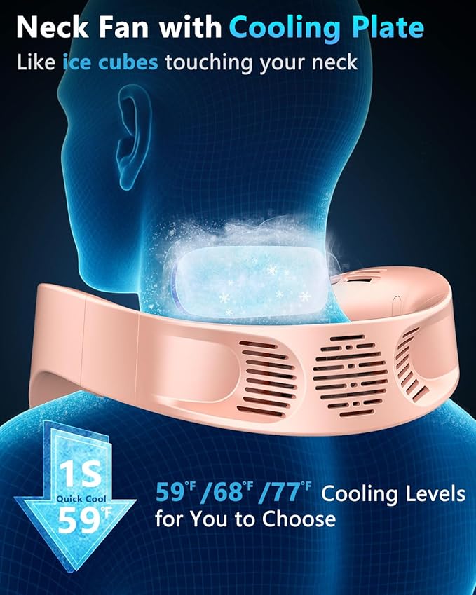FWV Neck Fan with Cooling Plate, Whisper Quiet 30dB, 5500mAh Up to 24H, Hands-Free USB-C Headphone Fans, LED for Battery&Speed, Bladeless Portable Neck Coolers for Hot Weather Outside Sports Pink