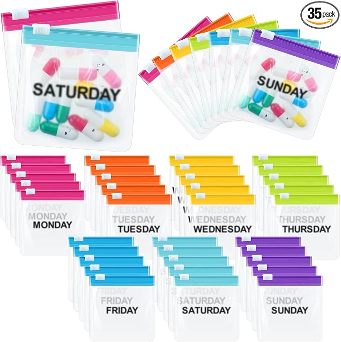 Sherr 35 Pcs Pill Pouch Bags with Zipper Pill Pouch Set Travel Reusable Translucent Medicine Organizer Self Sealing Plastic Bag with Slide Lock for Storage(Elegant Colors,3 x 3 Inch,Week Style)