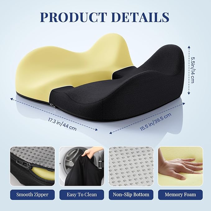 Benazcap Wheelchair Cushions Seat Cushion for Tailbone Pain Relief/Hemorrhoid - Hip Shaped Memory Foam Office Chair Cushions to Unleash Supreme Comfort in Office, Home, and Car Seating-Black