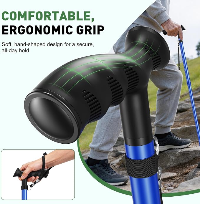 Walking Cane for Men & Women, Sturdy Walking Sticks for Seniors | Foldable, Adjustable, All Terrain Tips for Daily Use/Travel, Comfort Grip, Free Standing, Heavy-duty Aluminum, Black