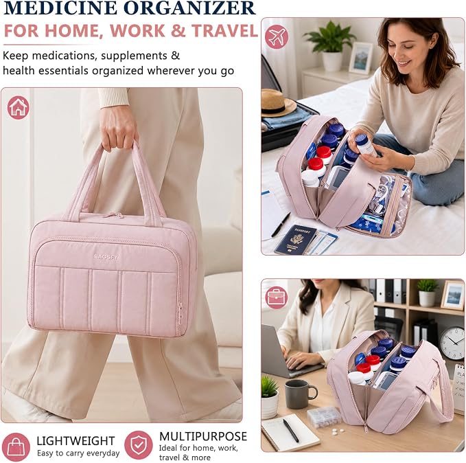 BAGSFY Travel Medicine Bag with 2 Separate Compartments, Wide-Opening Medication Organizer, Puffy Medical Storage Bag for Prescription Bottles, Pill Cases, Medical Supplies,Travel & Family Emergency
