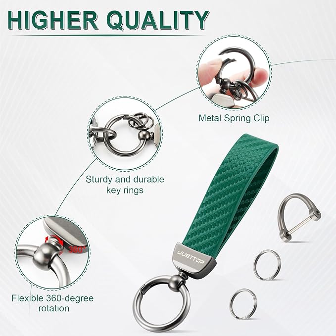 JUSTTOP Leather Keychain, Carbon Fiber Car Key Chain with Anti-Lost D-Ring and 2 Key Ring, Keychain Wristlet, Car Accessories, Universal Keychain for Men and Women (Green)
