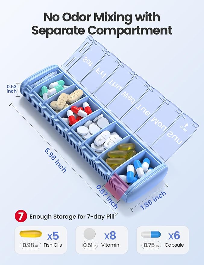 Vaydeer Metal Travel Pill Organizer, 7 Day Weekly Pill Box, Large Capacity Daily Cute Pill Case for Supplements, Pills, Vitamins and Medication (Small,Gray)