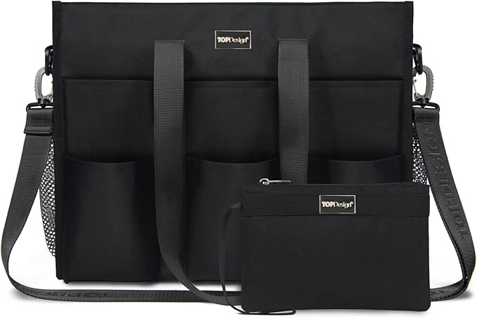 TOPDesign Utility Water Resistant Tote Bag with 22 Pockets, Top Zipper Closure & Thick Bottom Support, for Working Women