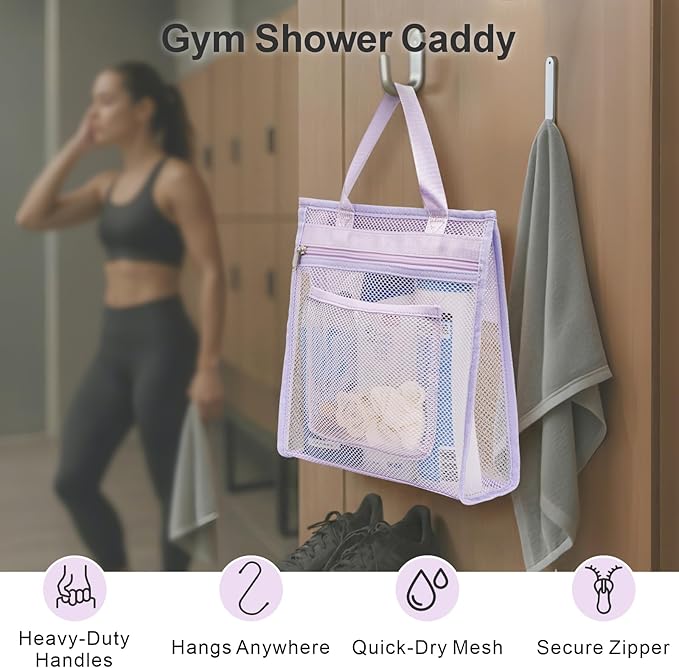 Small Mesh Shower Caddy Portable - Zipper Gym Shower Bag for Travel, Purple | 3 Pockets, Quick-Dry Mesh, S-Hook, Hanging Shower Caddy for Toiletry Essentials, Bathroom & Camping
