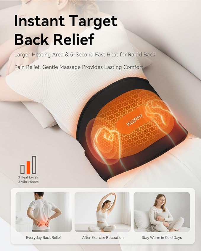 IKEEPFIT® Heating Pad for Back Pain Relief: MAXwarm® 3.0, Portable Cordless Heat Pad with Massager for Period Cramps, 8000mAh Large Battery, Christmas Gift for Women Men 90-310 lbs