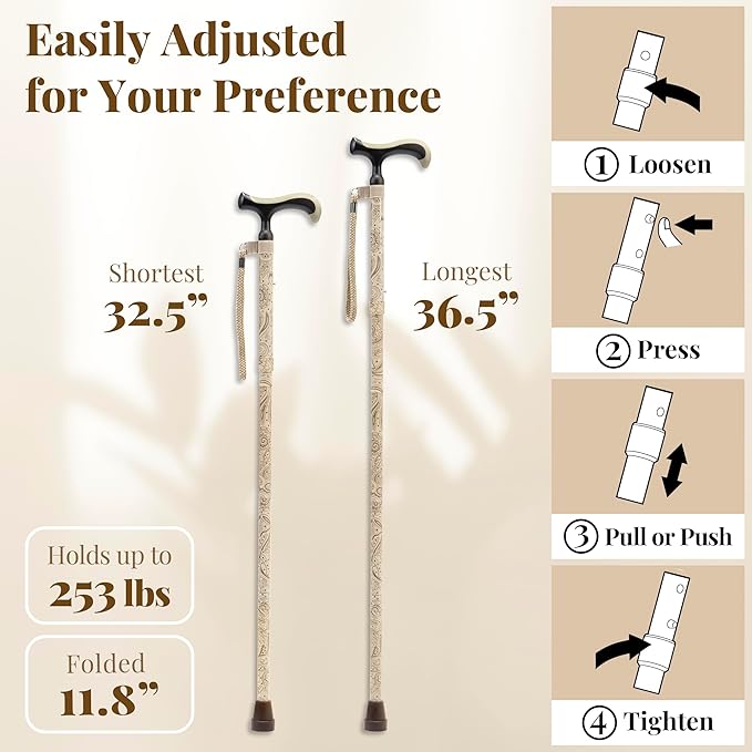 Merry Sticks Lightweight Foldable Walking Canes for Women and Men, Adjustable & Collapsible Walking Stick for Seniors, Non-Slip Ergonomic Handle with 1 Extra Replacement Cane Tip – Champagne Gold