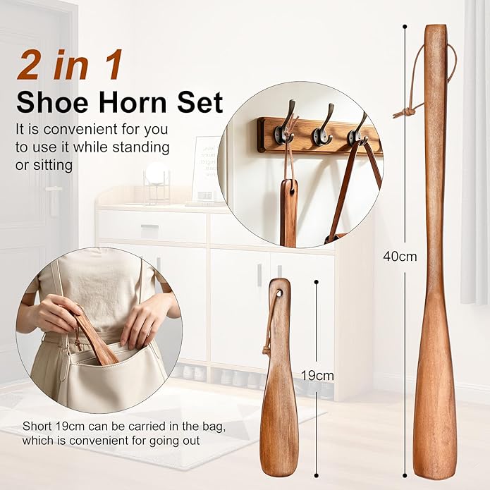 Shoe Horn Long Handle For Seniors Men Women, 2pcs Wooden Shoe Horns Set for Kids, Boots Sneakers Horn Shoe Helper for Home Or Travel