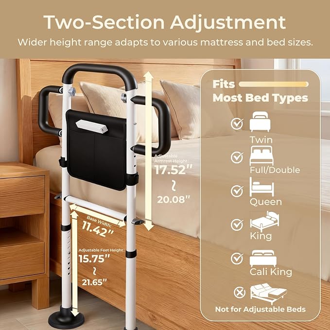 Bed Rails for Elderly Adults Safety, for 400Lbs, White | Bed Rail for Seniors with Motion Sensor Light, Height Adjustable Bed Assist Bar, Non-Slip Handle, Storage Bag