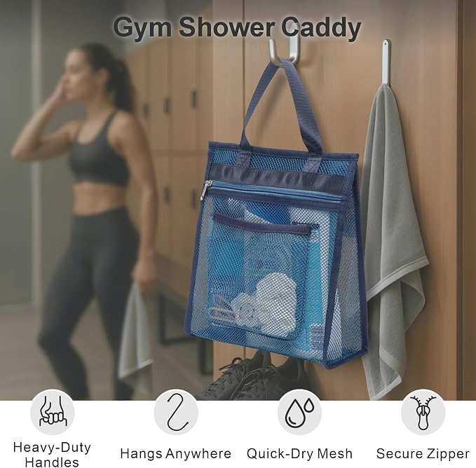 Small Mesh Shower Caddy Portable - Zipper Gym Travel Shower Bag, Navy Blue | 3 Pockets, Quick-Dry Mesh, S-Hook, Hanging Shower Caddy for Toiletry Essentials, Bathroom & Camping