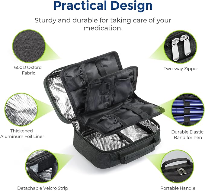 AUVON Insulin Cooler Travel Case, 4×160g TSA-Approved Ice Packs | Medication Cooler Bag for 8 Insulin Pens & Diabetic Supplies, Portable Handle for Daily Life and Trips