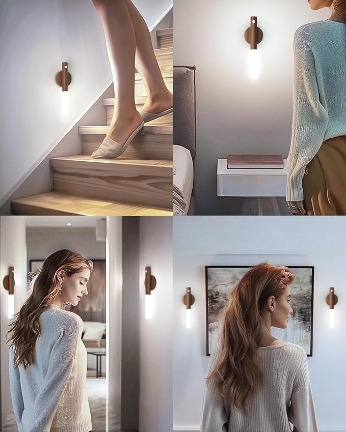 Battery-Operated Wall Sconce Wall Lights: 2200mAh Rechargeable Motion Sensor Magnetic Wireless Stairway Lights Portable Hallway Light Wooden Wall Lighting for Bedroom Stair(White Light)