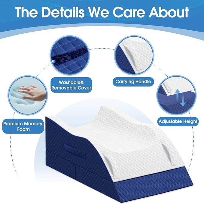 TranquilRelax Elevation Pillows for Leg After Surgery, Memory Foam Adjustable Wedge Pillow for Injury or Rest, Ankle Pillow for Sleeping Blood Circulation, Blue/Double Leg