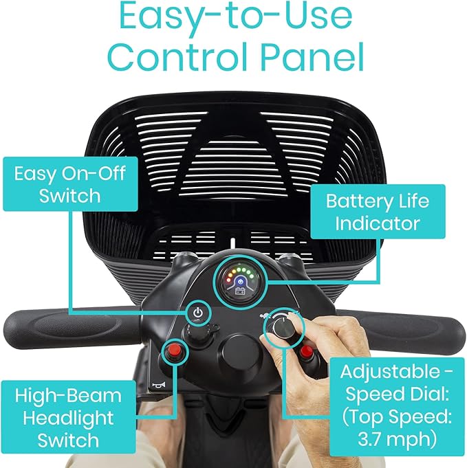 Vive 3 Wheel Mobility Scooter - Electric Powered Mobile Wheelchair Device for Adults - Folding, Collapsible and Compact for Travel - Long Range Power Extended Battery with Charger and Basket Included
