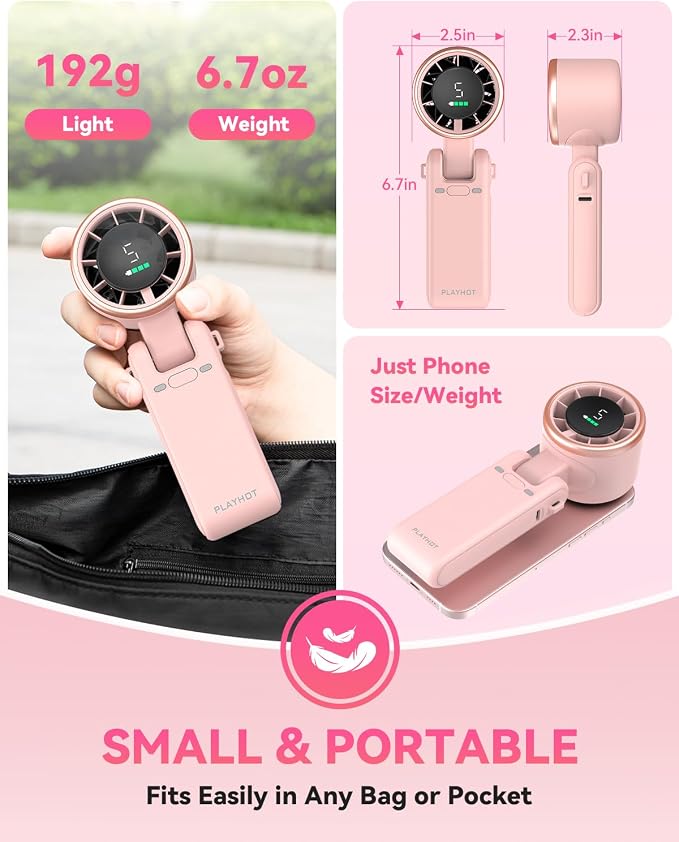 PlayHot Portable Handheld Turbo Fan, Travel Essentials, Gifts for Women/Men | 5-Speed, Up to 12H, 10m/s Airflow, USB-C Rechargeable, LED Display, 3-in-1 Foldable Personal Fan for Cruise, Beach, Vacation