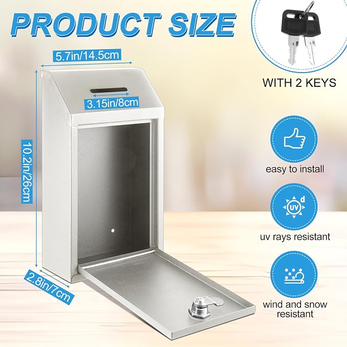 Yaocom Metal Money Box,White,10.24 x 5.71 x 2.95 Inch,No Lid | Wall Mounted Drop Donation Cash Box for Farm Stand Collection Safe Suggestion Box with Lock Container for Home Office Outdoor