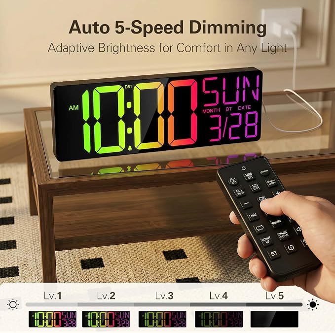 JALL 18" Large Digital Wall Clock with RGB Lights & Remote, Digital Clock with Bluetooth Sync & DST, Wall Clock with Temperature & Seconds Display, Clocks for Living Room, Seniors (Black)