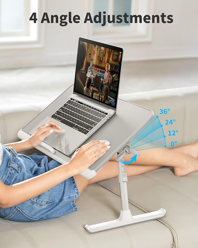 SAIJI Laptop Bed Tray Table - Adjustable Lap Desk for Couch (Gray) | Fits 17" Laptop, Work From Home & Dorm Study, with Storage Drawer & PVC Leather