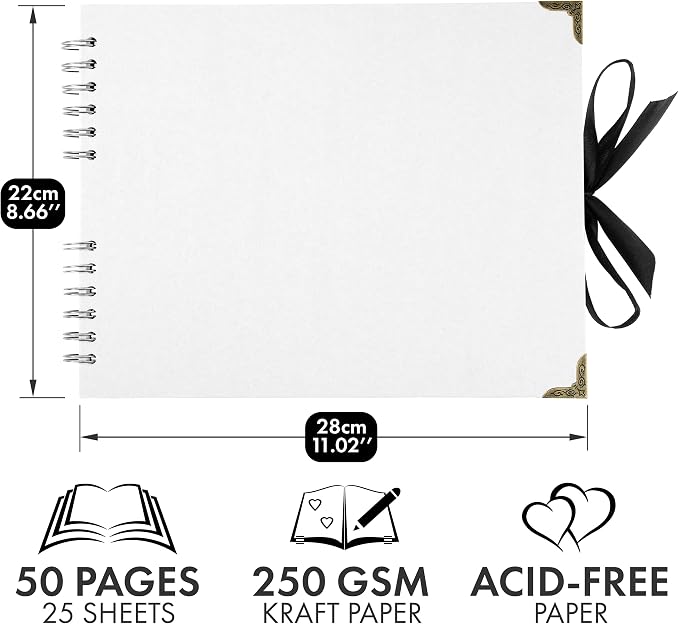 Bstorify Square Scrapbook Photo Albums 50 Pages (28 x 22 cm) White Thick Paper, Hardcover, Metal Corners, Ribbon Closure - Ideal for Your Scrapbooking Albums, Art & Craft Projects 11 X 8.5 Inch