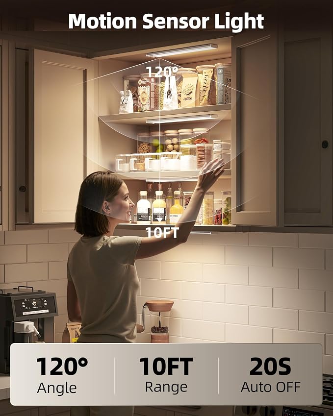 6Pack 12inch Under Cabinet Lighting, Rechargeable Motion Sensor Light Wireless Indoor, Dimmable 3 Color Temps Closet Lights with Remote, Indoor Under Counter LED Lights for Kitchen, Stairs