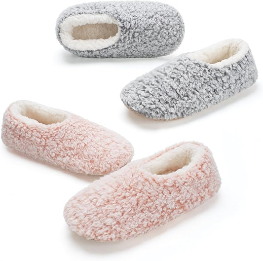cosyone1997 2-Pair Thick Warm Fuzzy Slippers for Women Indoor Fluffy Sherpa Lined, Winter House Shoe Socks Non-Slip Soft Soles, Cozy Christmas Gifts