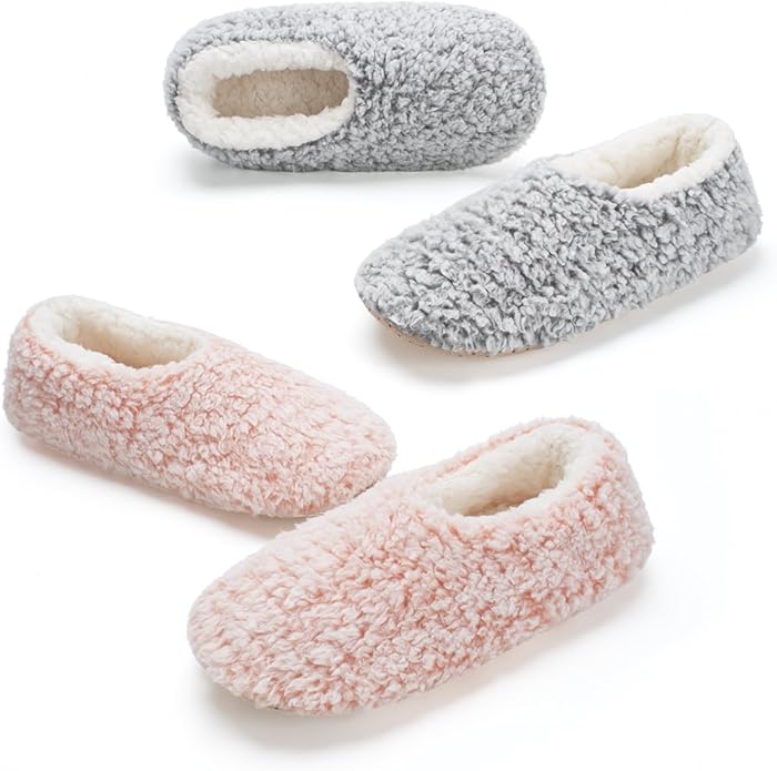 cosyone1997 2-Pair Thick Warm Fuzzy Slippers for Women Indoor Fluffy Sherpa Lined, Winter House Shoe Socks Non-Slip Soft Soles, Cozy Christmas Gifts