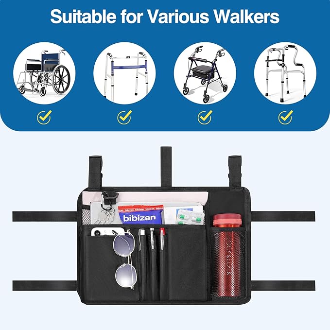 MoKo Walker Bag, Walker Basket with Water Cup Holder, Walker Accessories for Seniors with Multiple Pockets and Zippered Compartment, Walker Storage Pouch for Rolling Folding Walker, Black